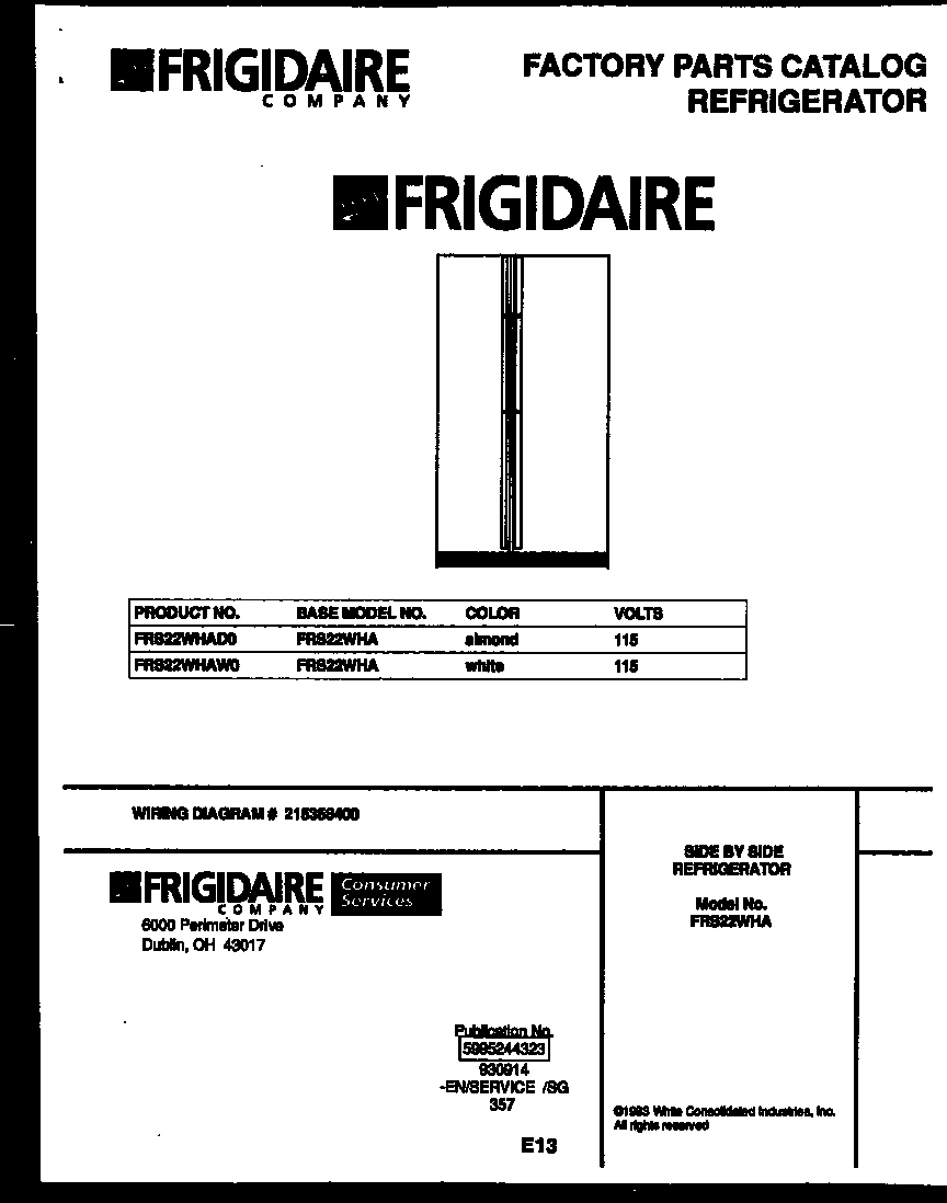 Frigidaire FRS22WHAD0 front cover diagram