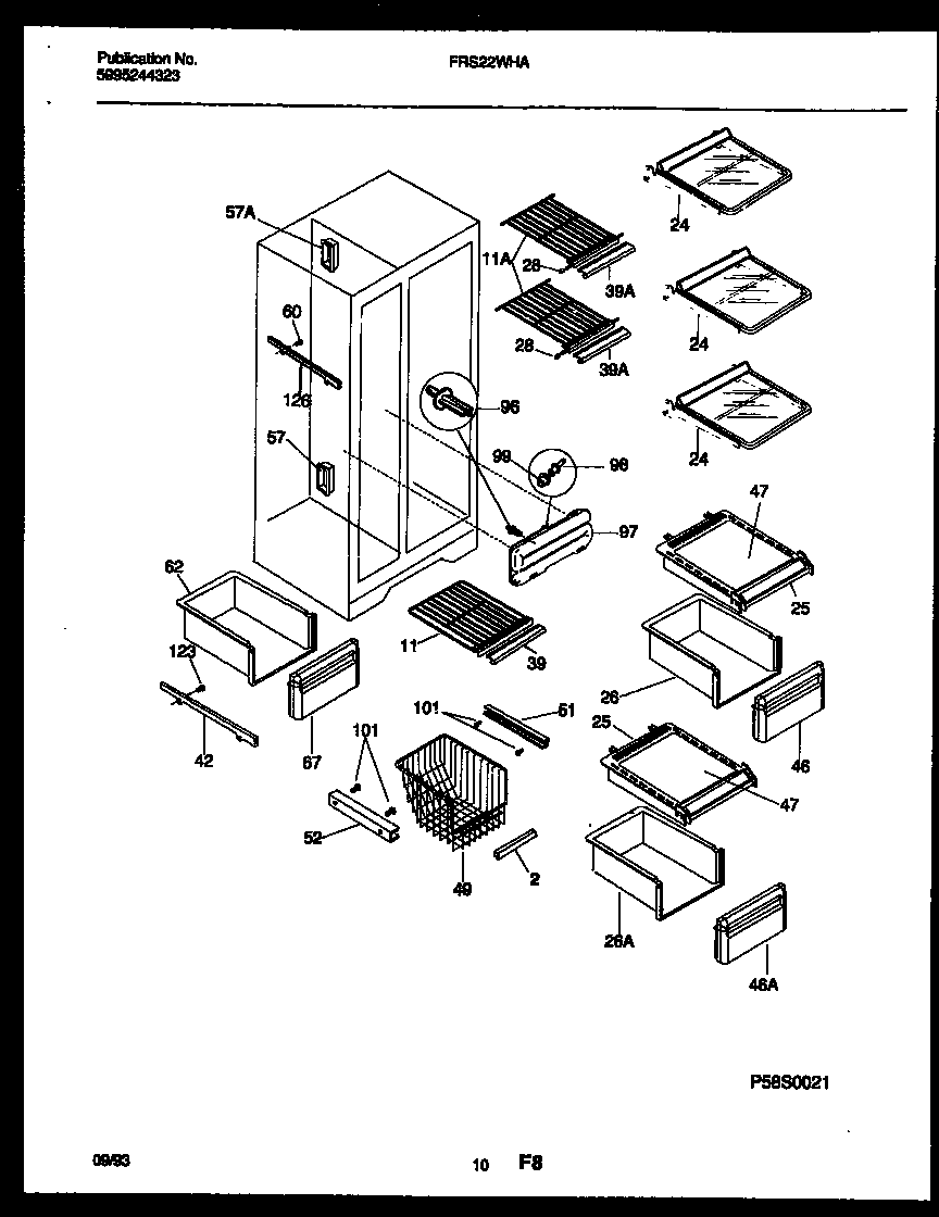 Frigidaire FRS22WHAD0 shelves and supports diagram