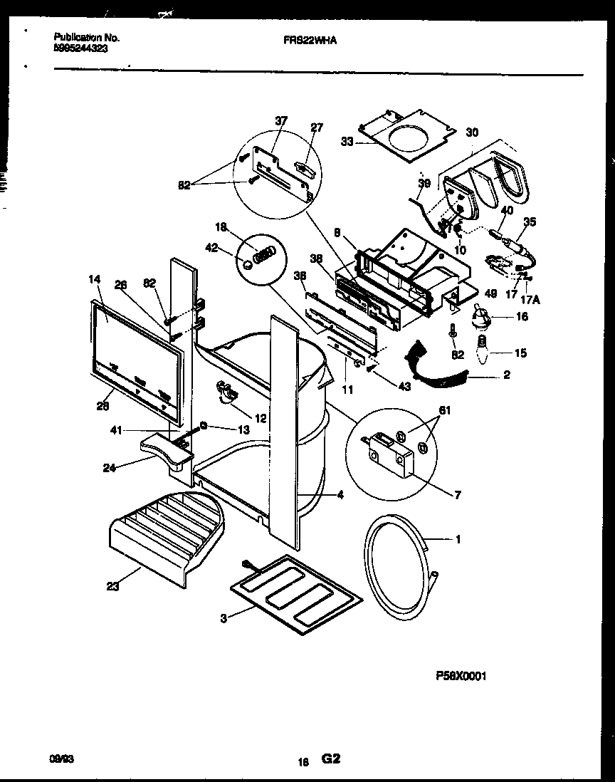 Frigidaire FRS22WHAD0 ice door, dispenser and water tanks diagram