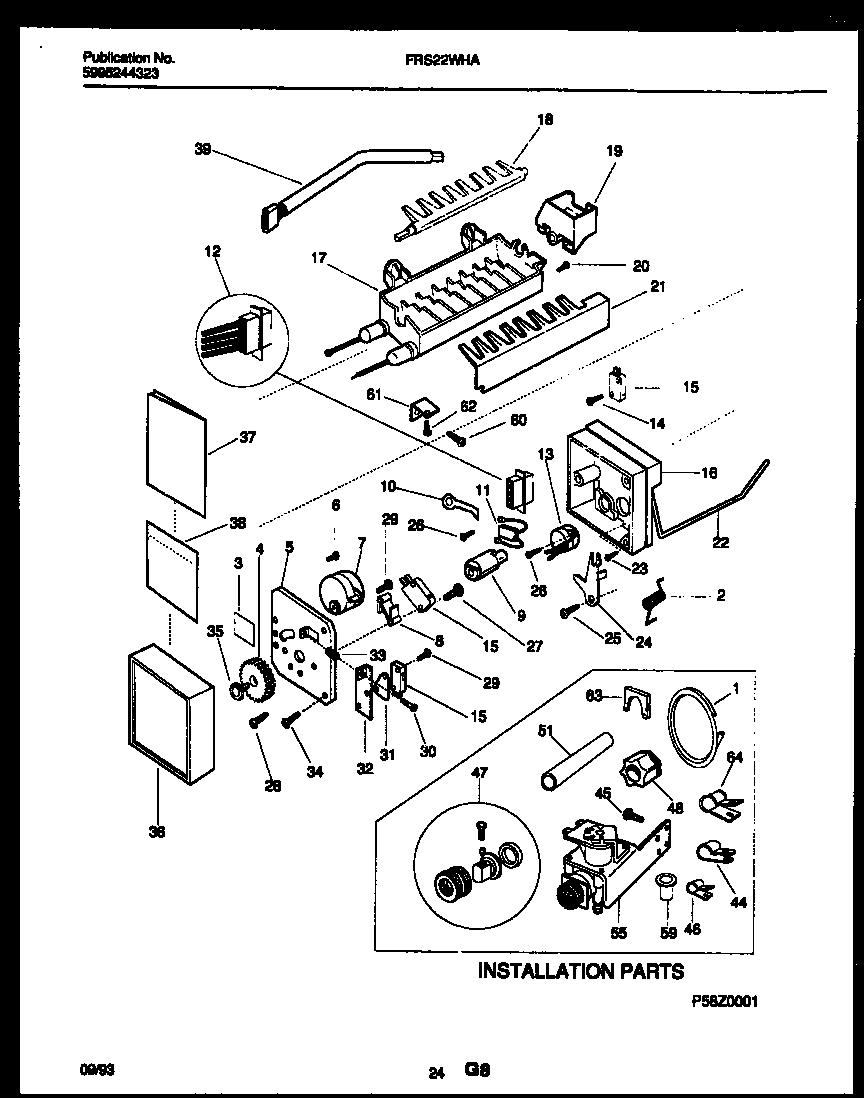 Frigidaire FRS22WHAD0 ice maker and installation parts diagram