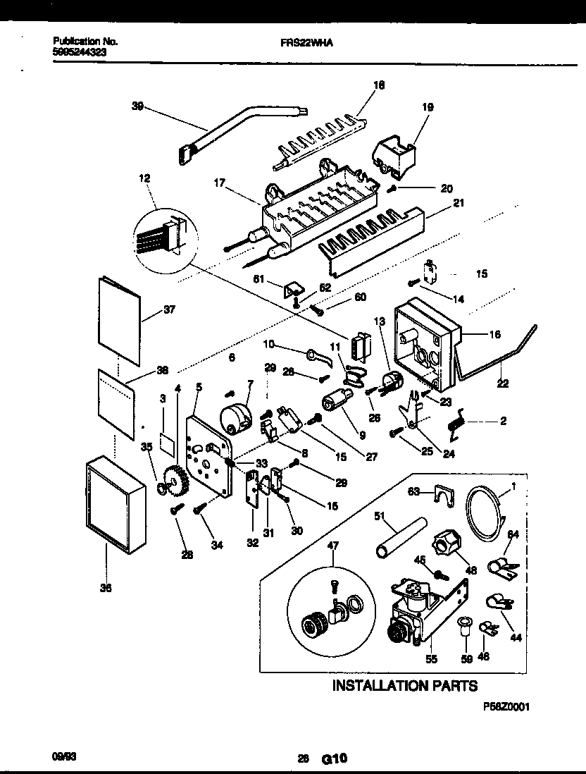 Frigidaire FRS22WHAD0 ice maker and installation parts diagram