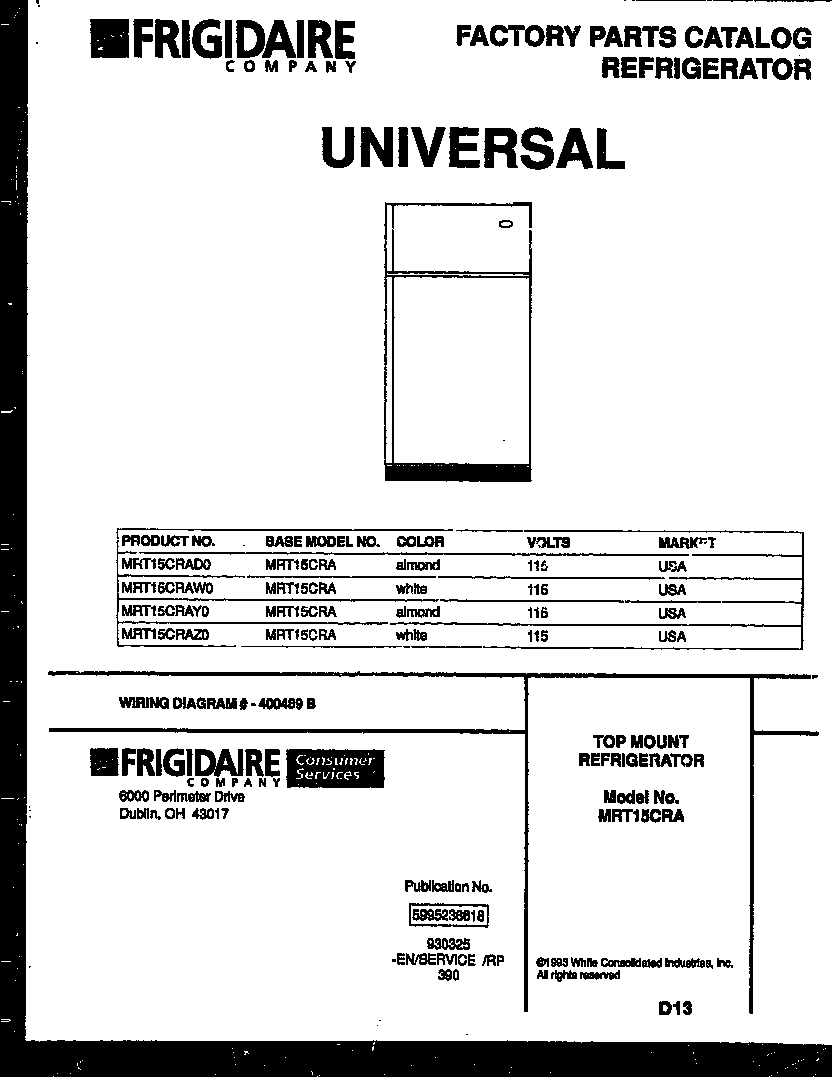 Universal/Multiflex (Frigidaire) MRT15CRAW0 cover diagram