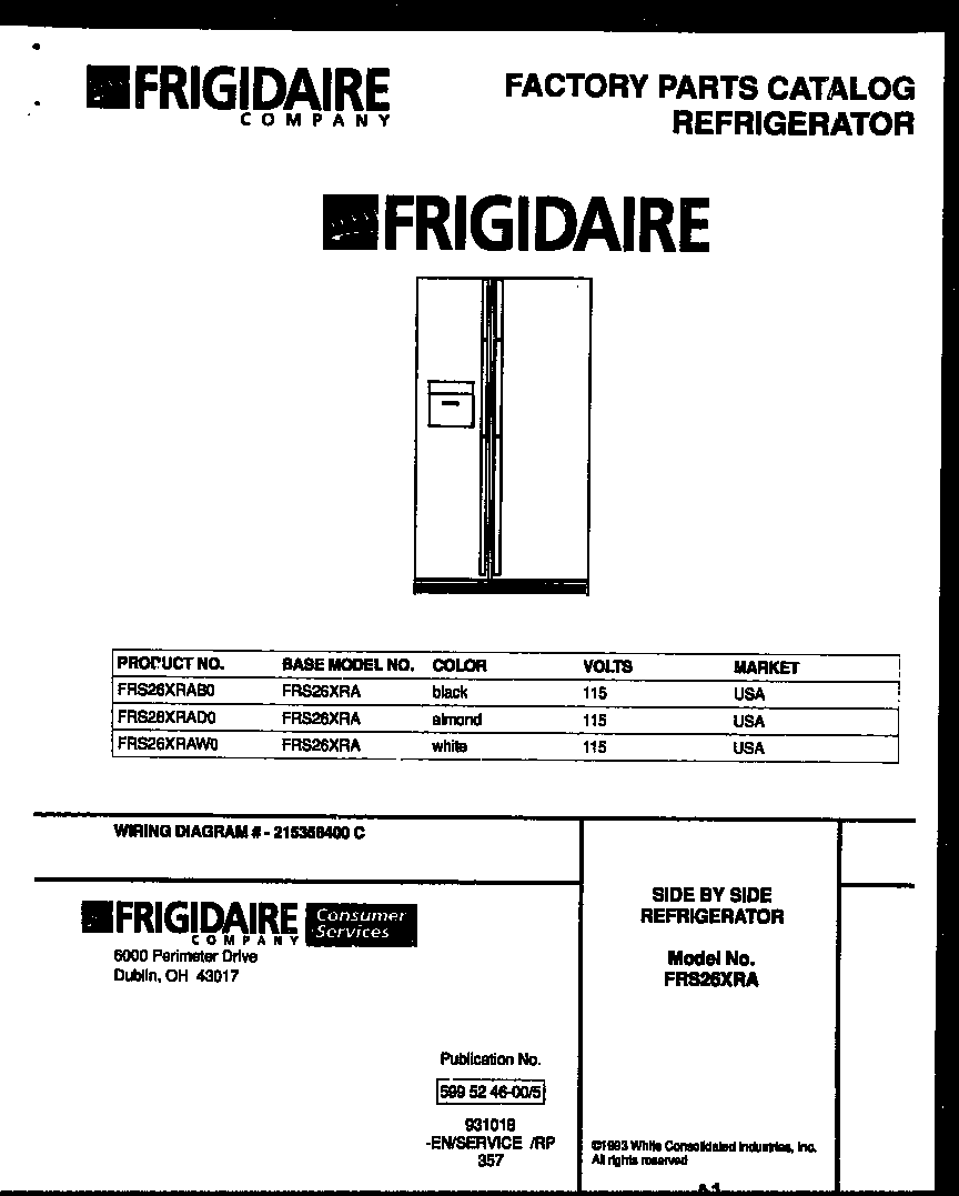 Frigidaire FRS26XRAB0 front cover diagram