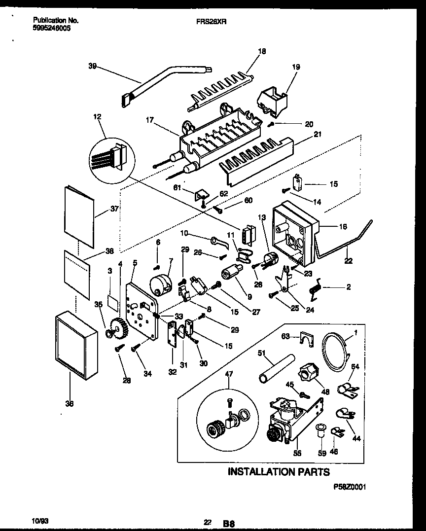 Frigidaire FRS26XRAB0 ice maker and installation parts diagram
