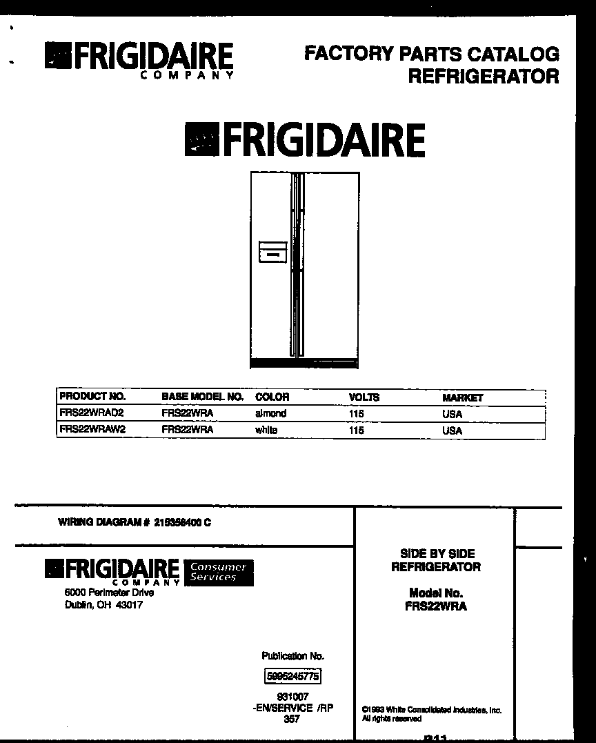 Frigidaire FRS22WRAD2 front cover diagram
