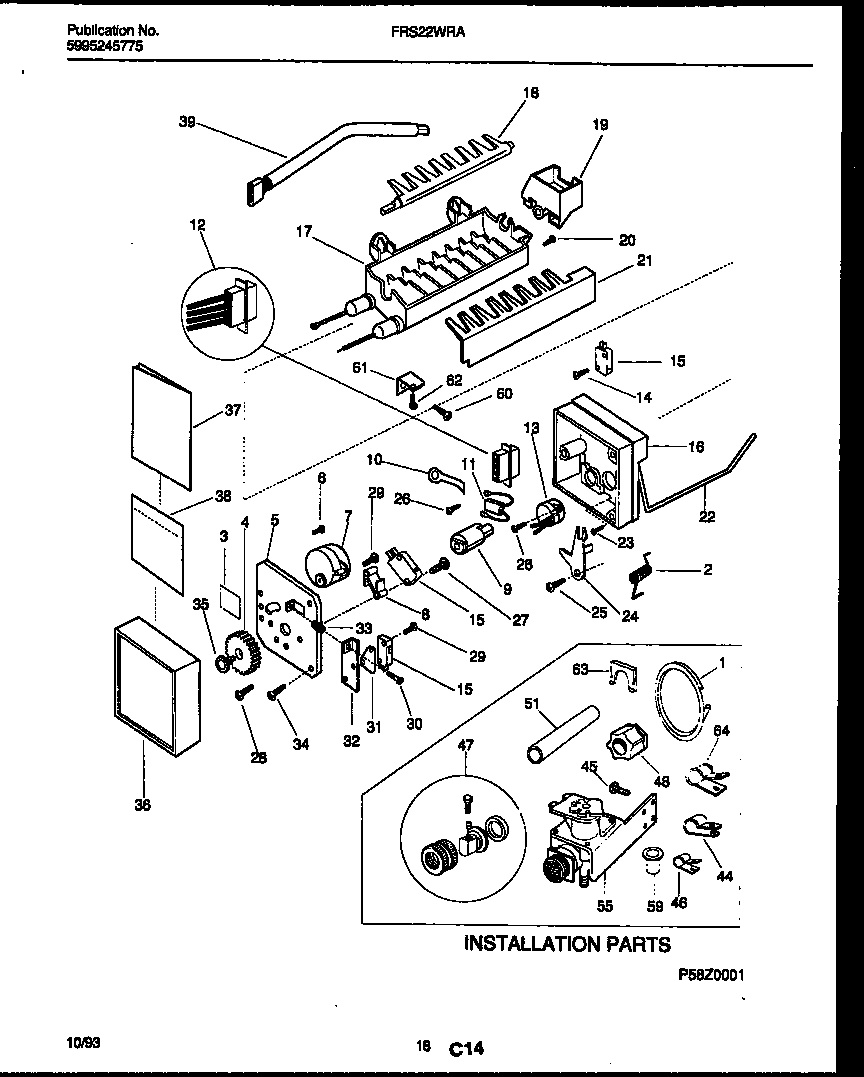 Frigidaire FRS22WRAD2 ice maker and installation parts diagram