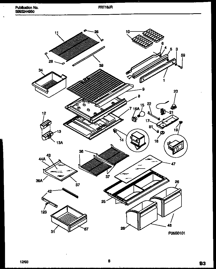 Frigidaire FRT18JRAD0 shelves and supports diagram