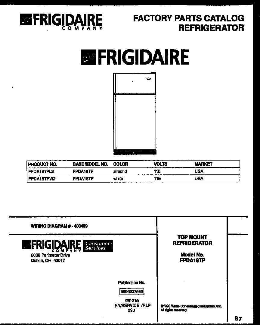 Frigidaire FPDA18TPW2 cover diagram
