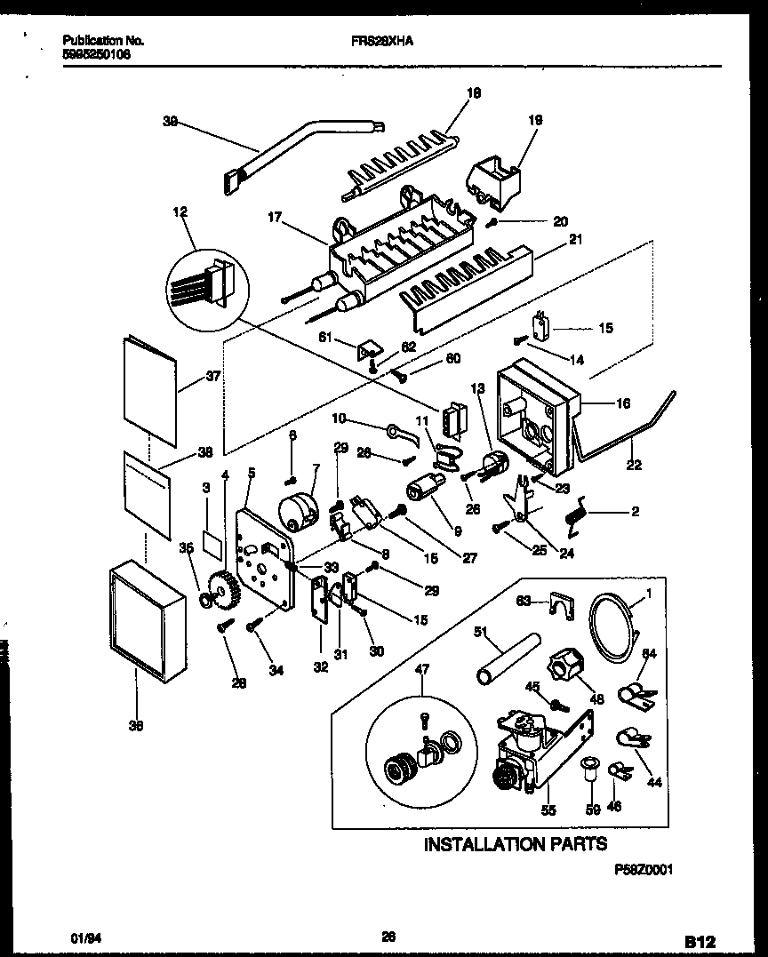 Frigidaire FRS28XHAD1 ice maker and installation parts diagram