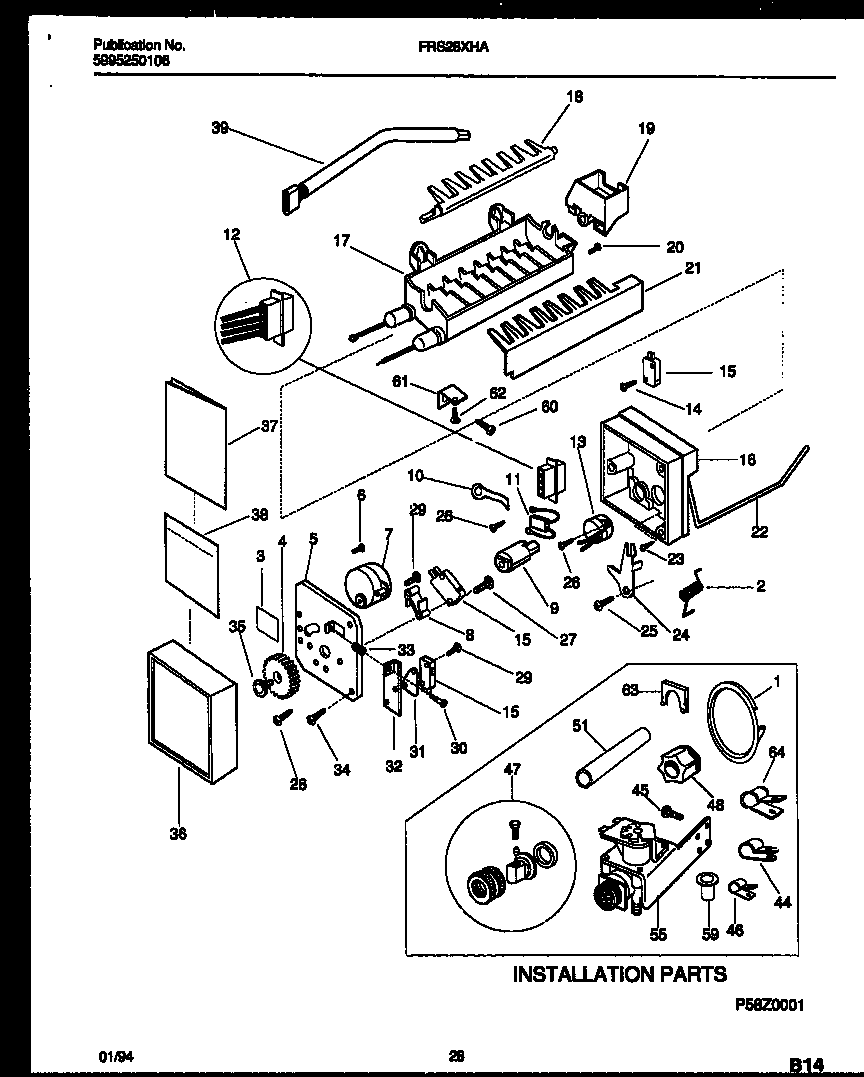 Frigidaire FRS28XHAD1 ice maker and installation parts diagram