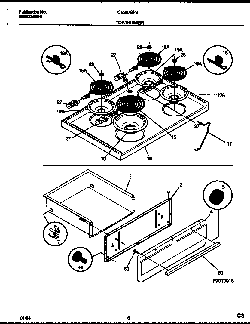 Kelvinator CE307SP2W1 cooktop and drawer parts diagram