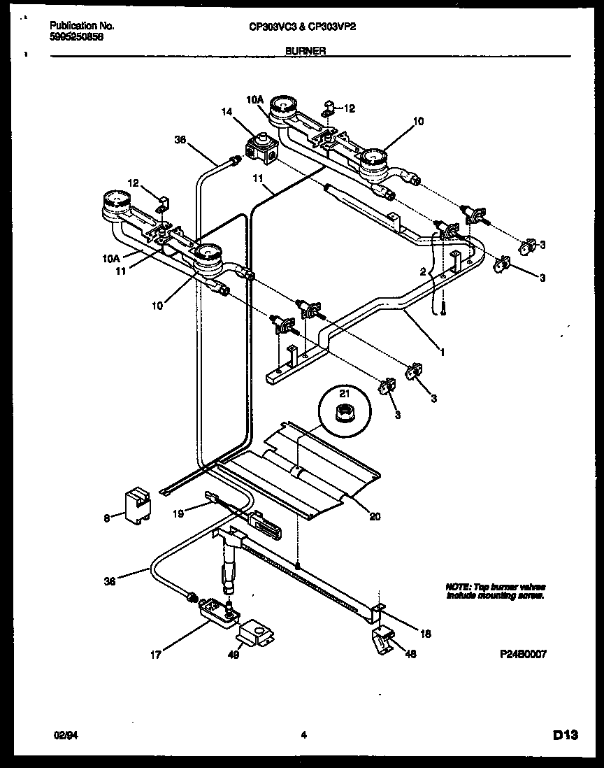 White-Westinghouse CP303VC3D2 burner, manifold and gas control diagram