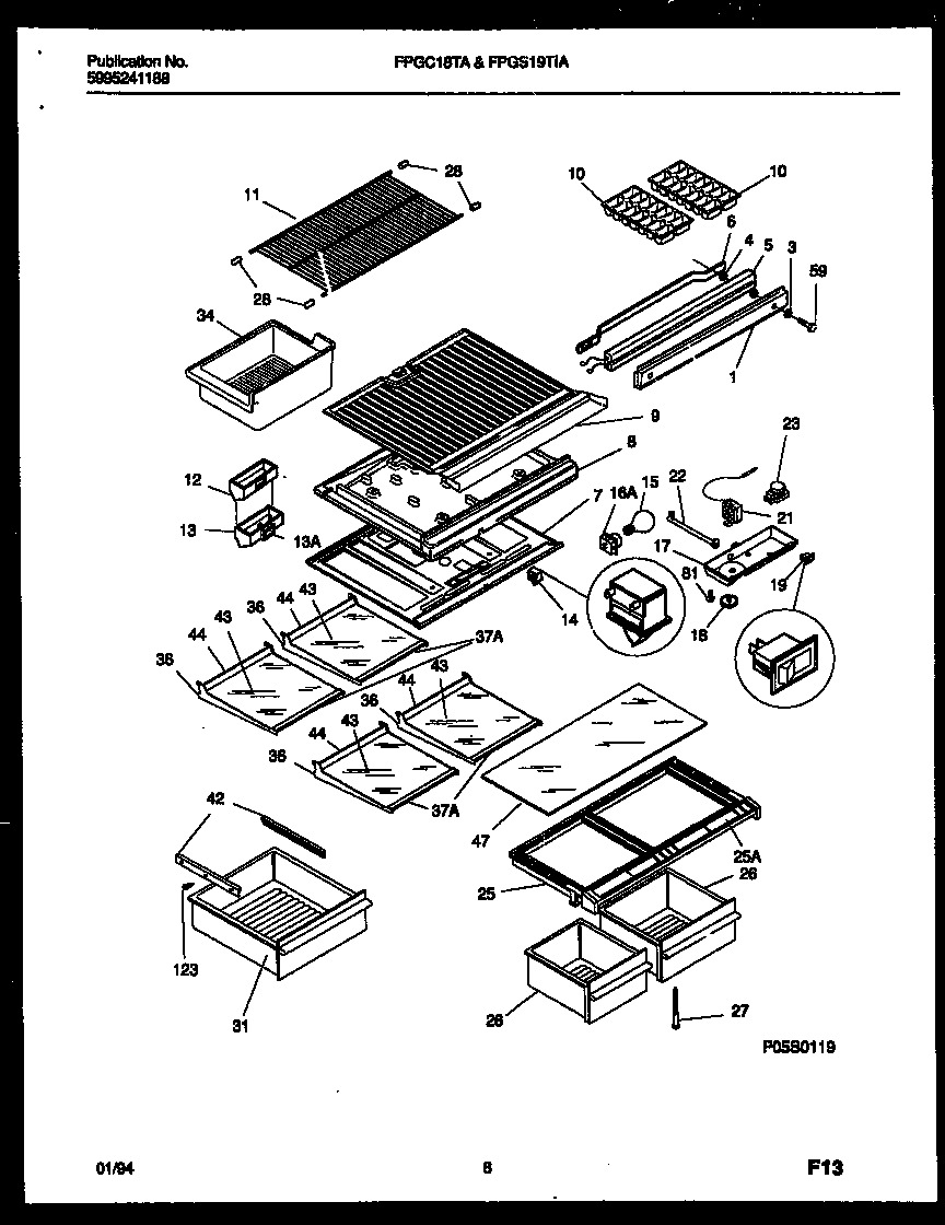Frigidaire FPGS19TIAL0 shelves and supports diagram