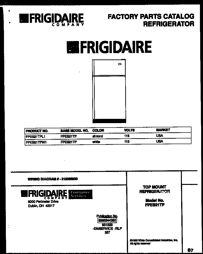 Frigidaire FPES21TPL1 cover diagram
