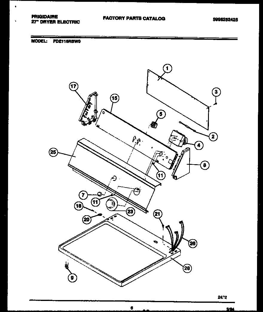 Frigidaire FDE116RBW0 console and control parts diagram