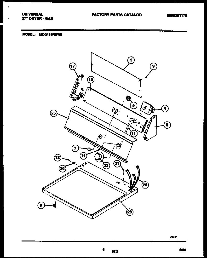 Universal/Multiflex (Frigidaire) MDG116RBW0 console and control parts diagram