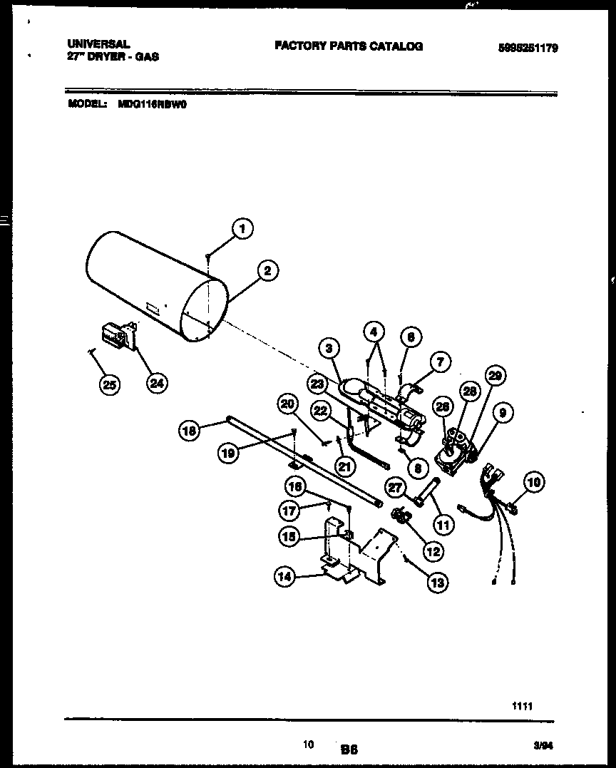 Universal/Multiflex (Frigidaire) MDG116RBW0 burner, manifold and gas control diagram