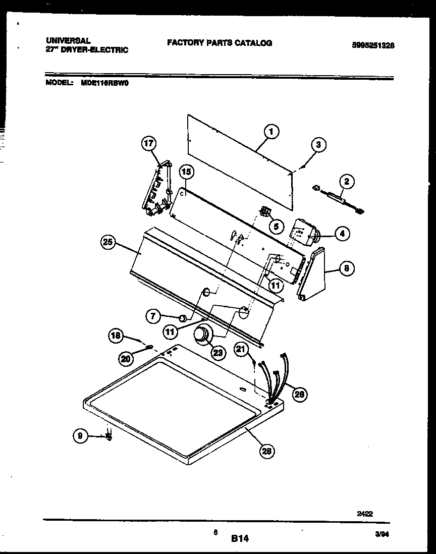 Universal/Multiflex (Frigidaire) MDE116RBW0 console and control parts diagram