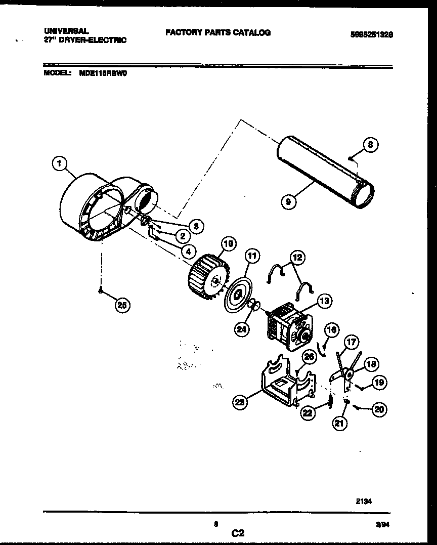 Universal/Multiflex (Frigidaire) MDE116RBW0 blower and drive parts diagram