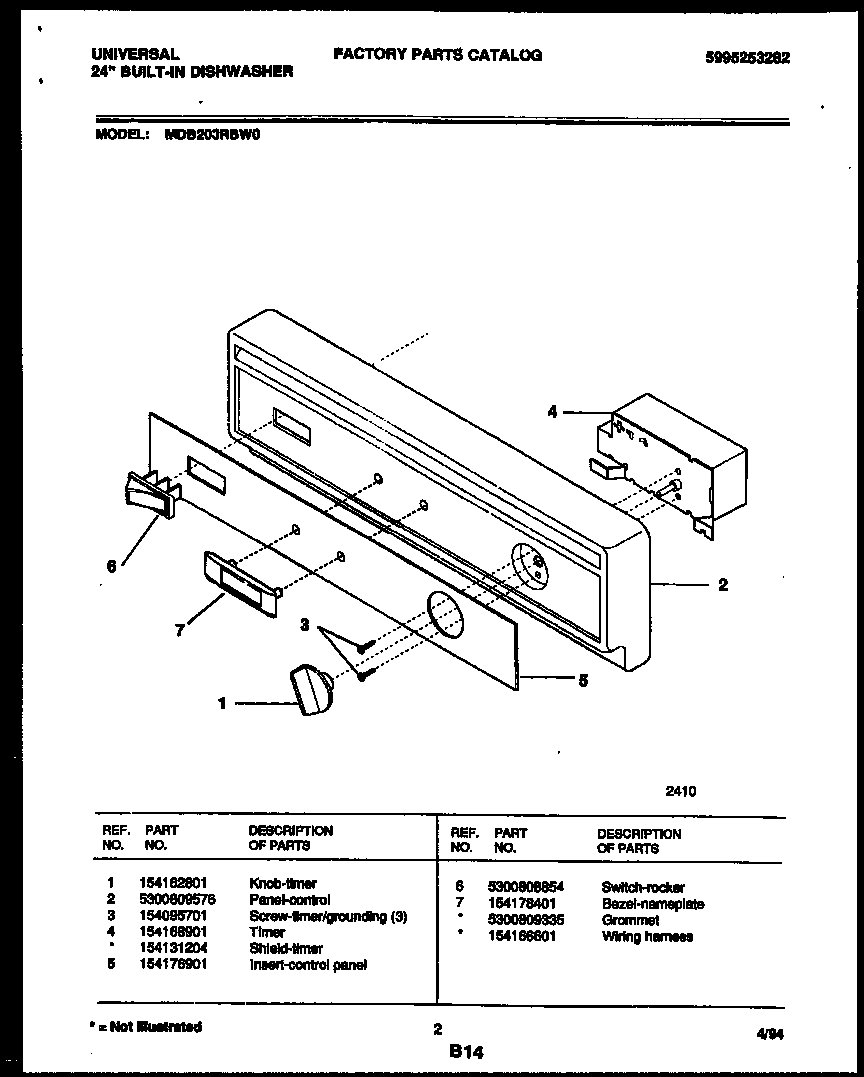 Universal/Multiflex (Frigidaire) MDB200RBW0 console and control parts diagram
