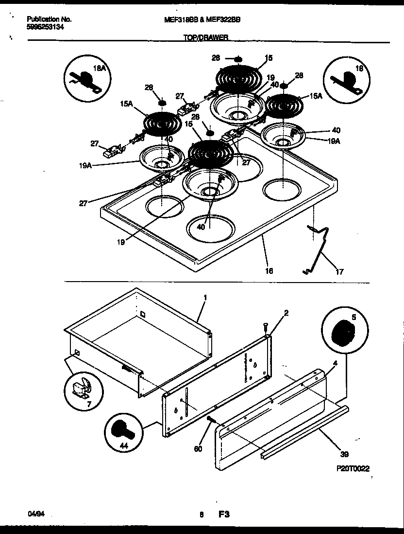 Universal/Multiflex (Frigidaire) MEF318BBWA cooktop and drawer parts diagram