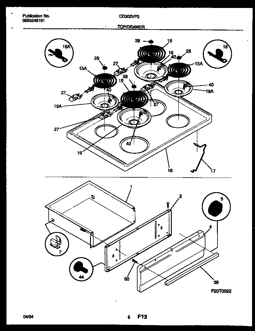 Frigidaire CD302VP3W1 cooktop and drawer parts diagram