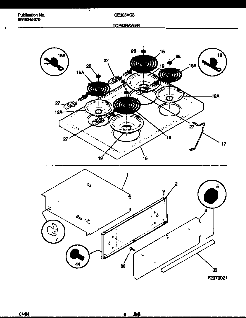 Kelvinator CE303VC3D1 cooktop and drawer parts diagram