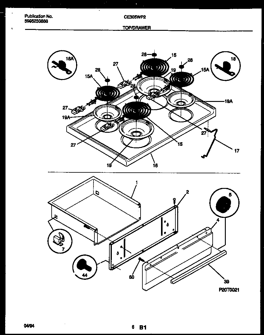 Frigidaire CE305WP2W1 cooktop and drawer parts diagram