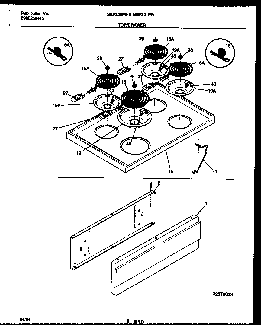 Universal/Multiflex (Frigidaire) MEF300PBWA cooktop and drawer parts diagram