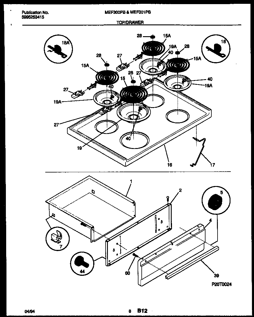 Universal/Multiflex (Frigidaire) MEF300PBWA cooktop and drawer parts diagram