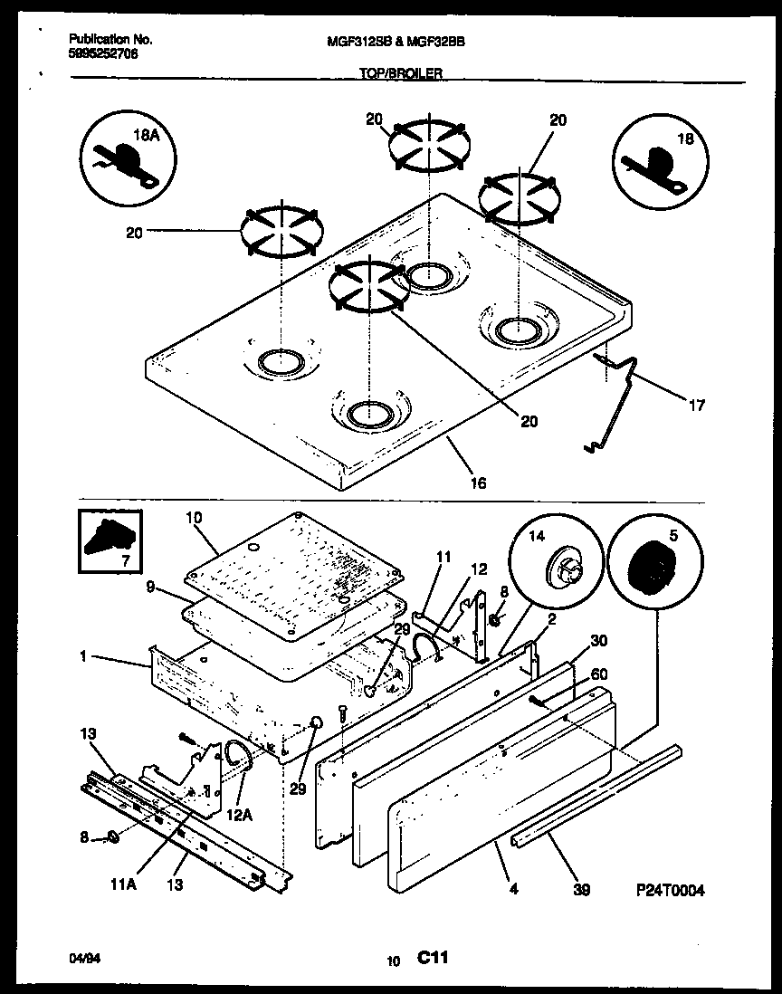 Universal/Multiflex (Frigidaire) MGF322BBWA cooktop and broiler drawer parts diagram