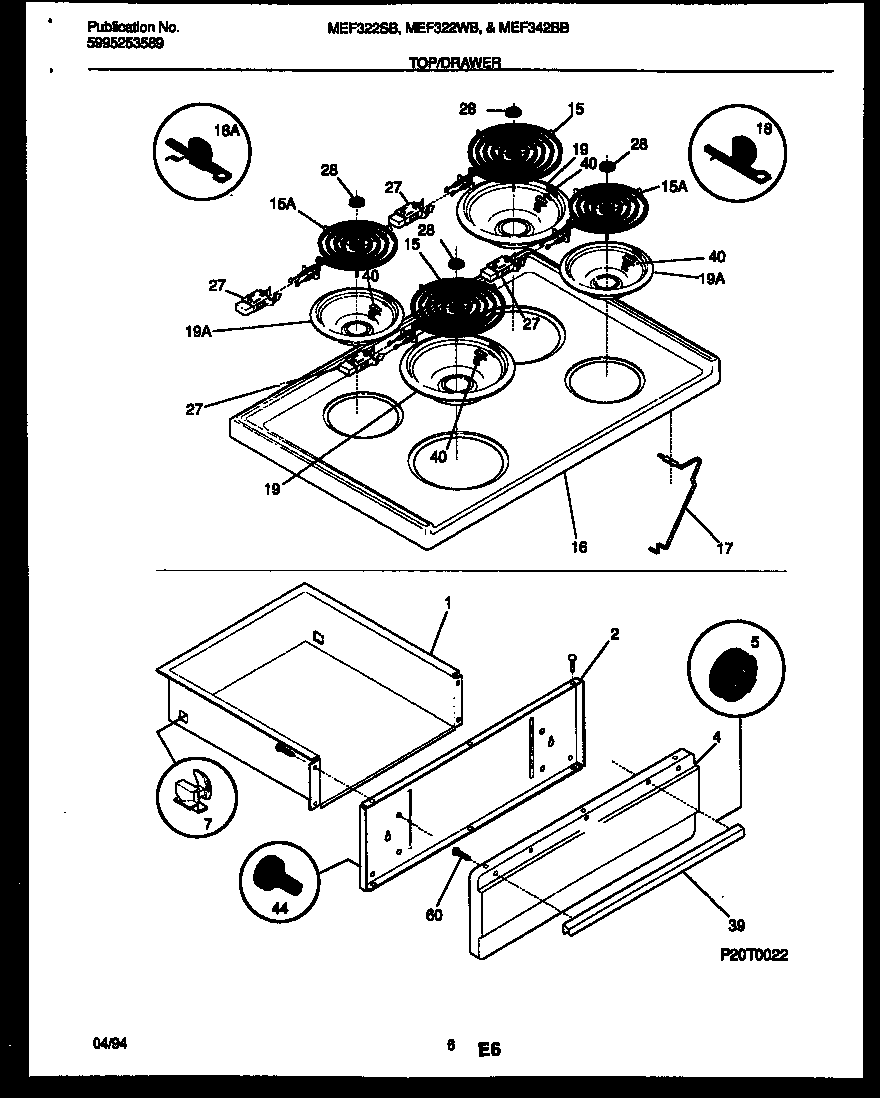 Universal/Multiflex (Frigidaire) MEF342BBDA cooktop and drawer parts diagram