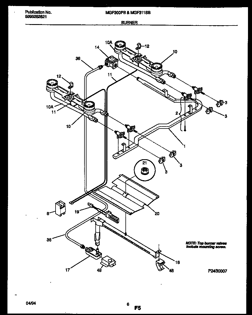 Universal/Multiflex (Frigidaire) MGF311SBWA burner, manifold and gas control diagram