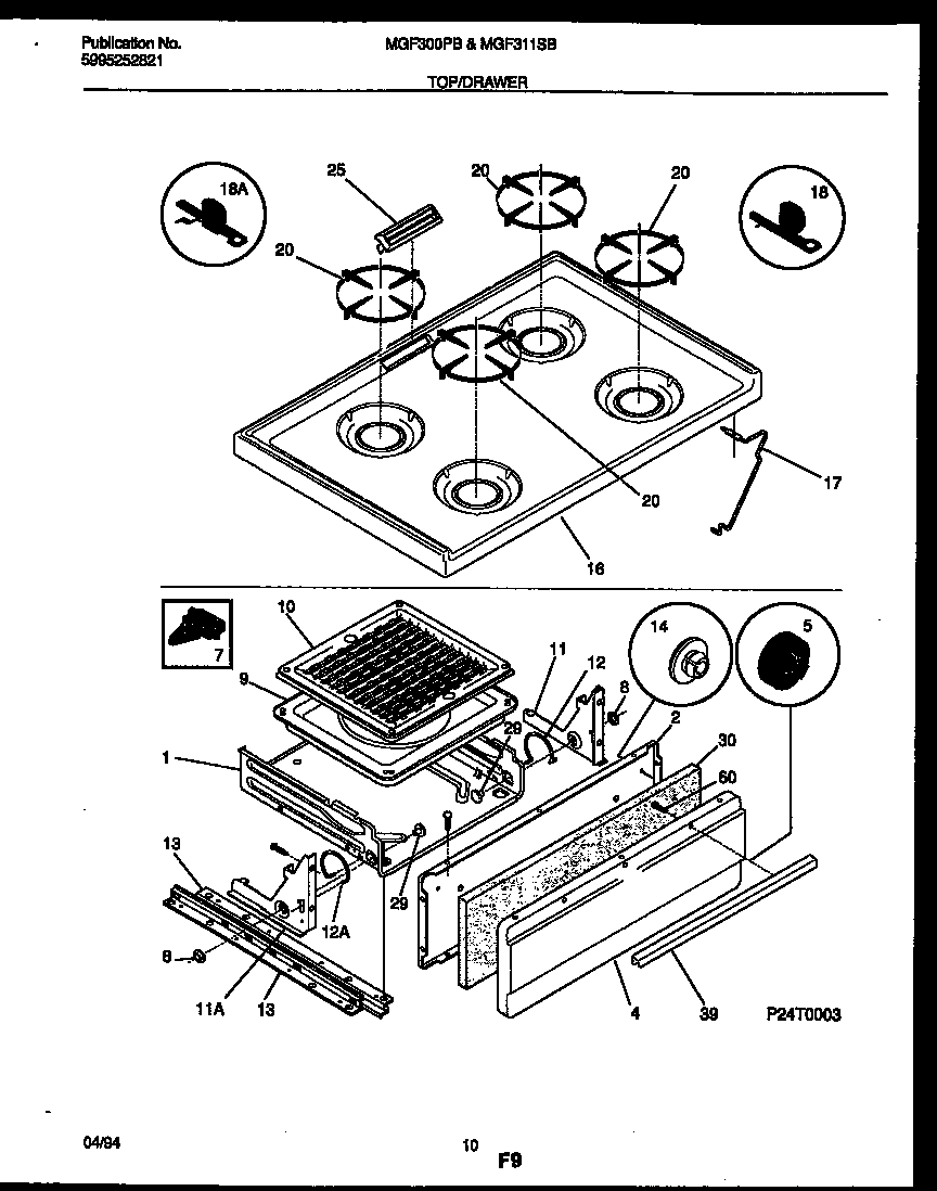 Universal/Multiflex (Frigidaire) MGF311SBWA cooktop and broiler drawer parts diagram