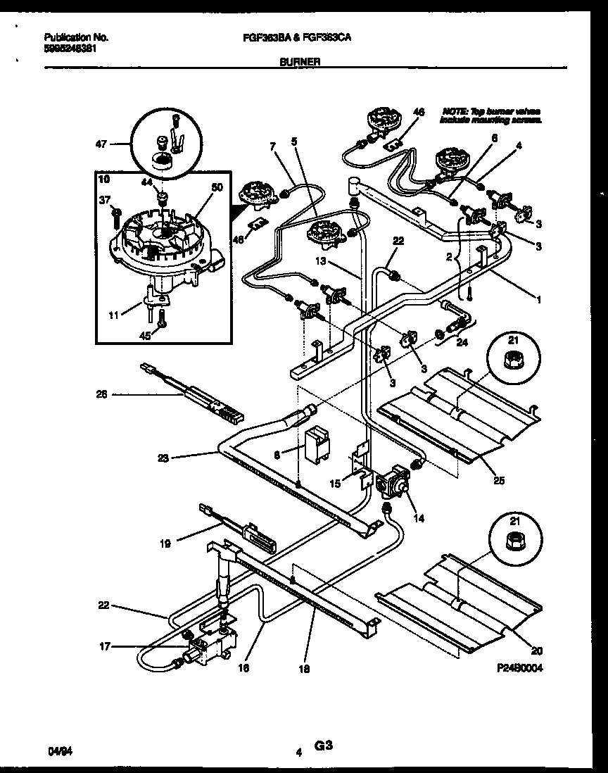Frigidaire FGF363BADA burner, manifold and gas control diagram