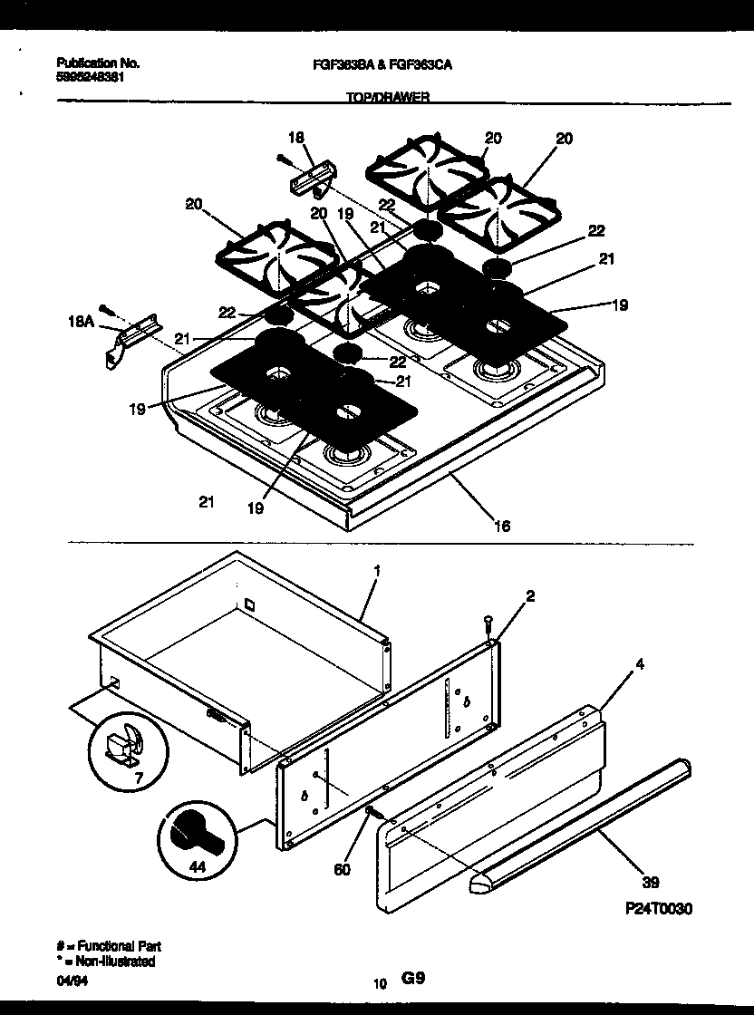 Frigidaire FGF363BADA cooktop and drawer parts diagram