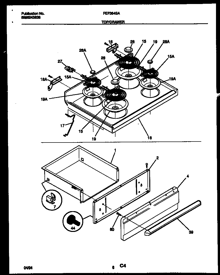 Frigidaire FEF364SADA cooktop and drawer parts diagram
