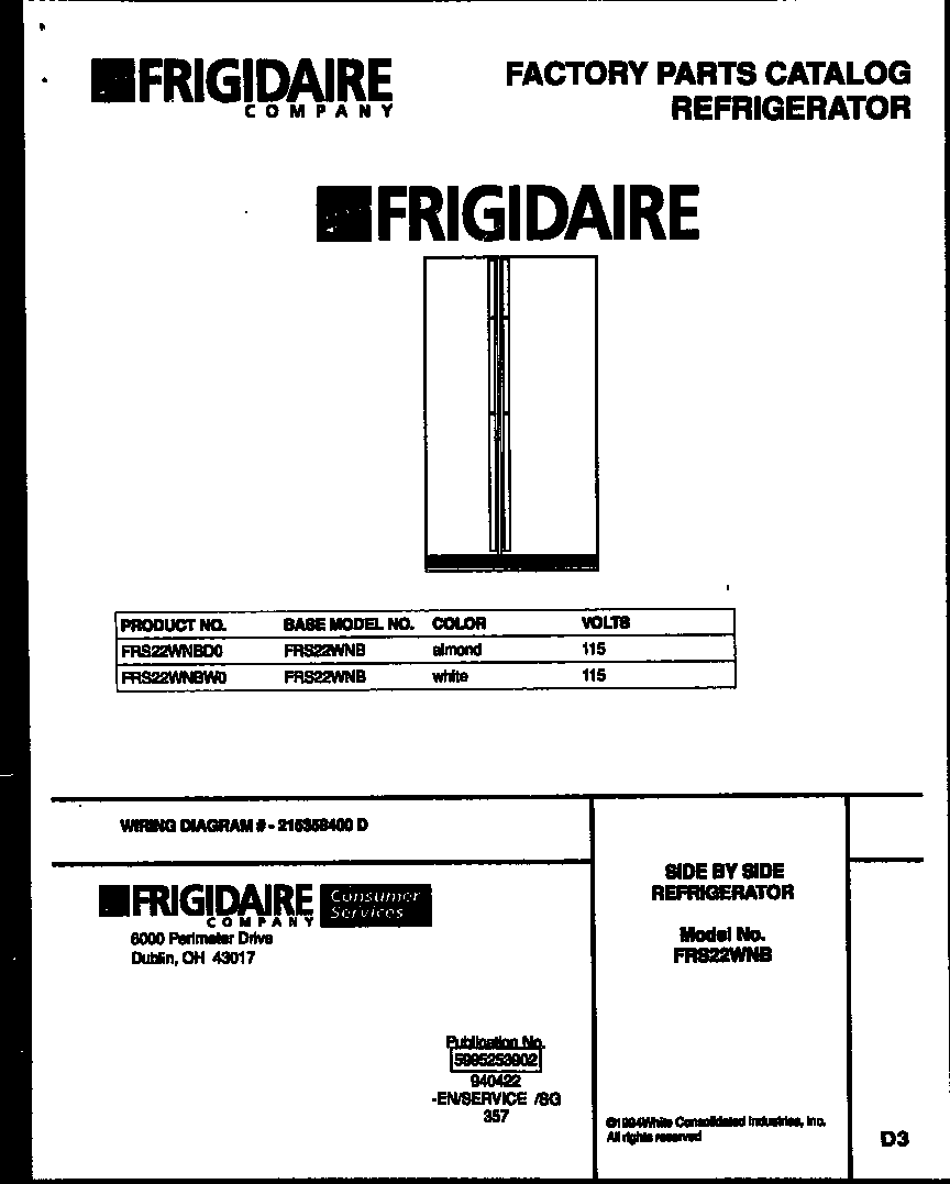 Frigidaire FRS22WNBW0 front cover diagram