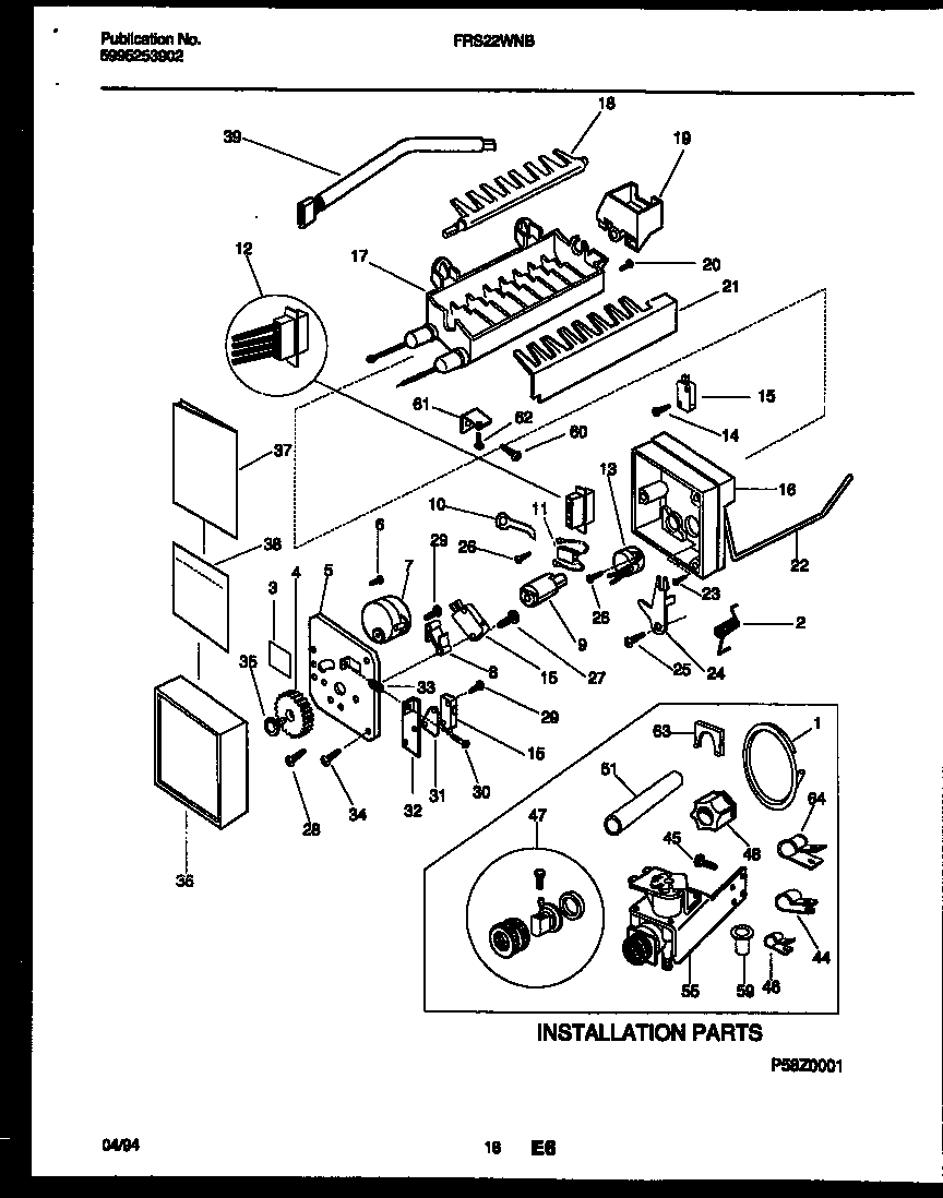 Frigidaire FRS22WNBW0 ice maker and installation parts diagram
