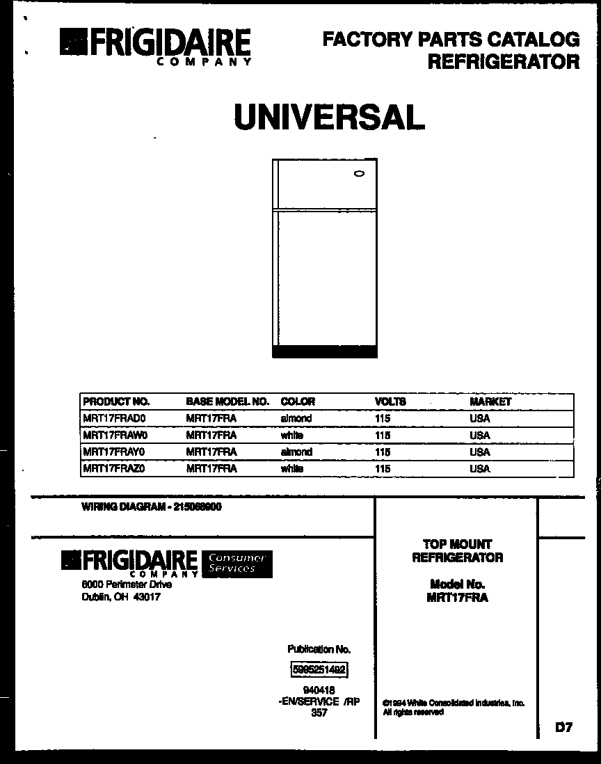 Universal/Multiflex (Frigidaire) MRT17FRAY0 cover diagram