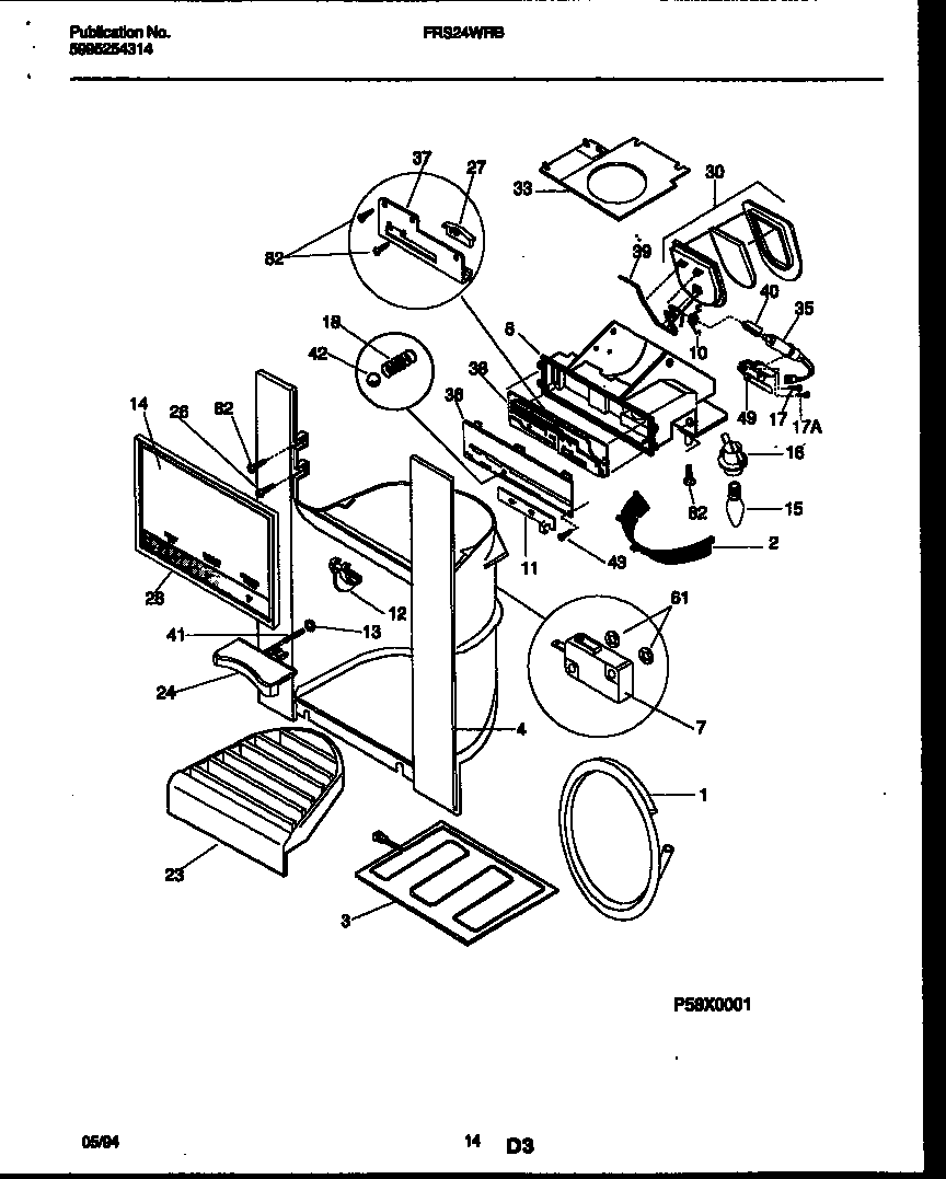 Frigidaire FRS24WRBD0 ice door, dispenser and water tanks diagram