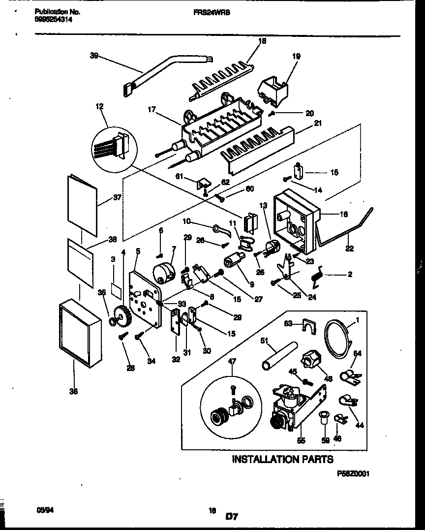 Frigidaire FRS24WRBD0 ice maker and installation parts diagram