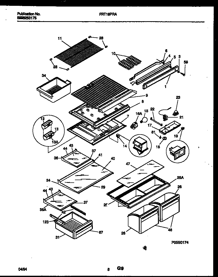 Frigidaire FRT18PRAD2 shelves and supports diagram