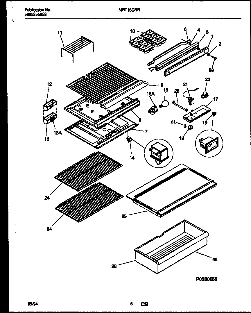 Universal/Multiflex (Frigidaire) MRT13CRBY0 shelves and supports diagram