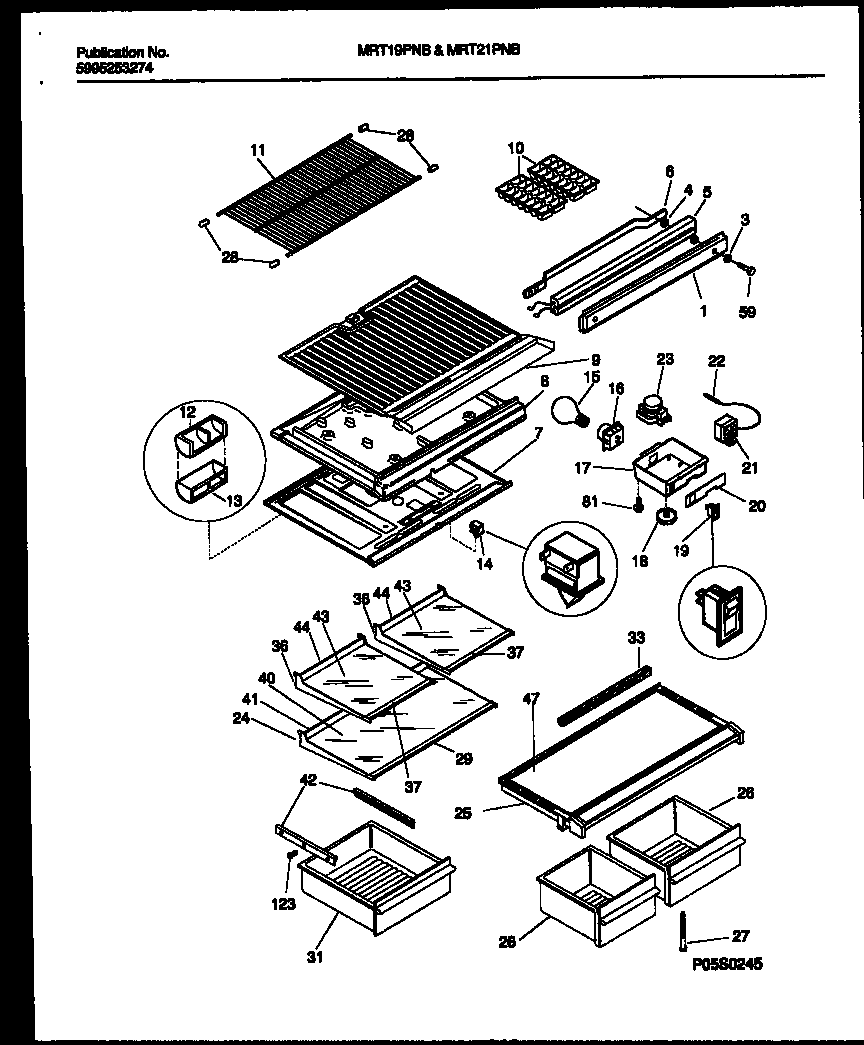 Universal/Multiflex (Frigidaire) MRT19PNBZ0 shelves and supports diagram