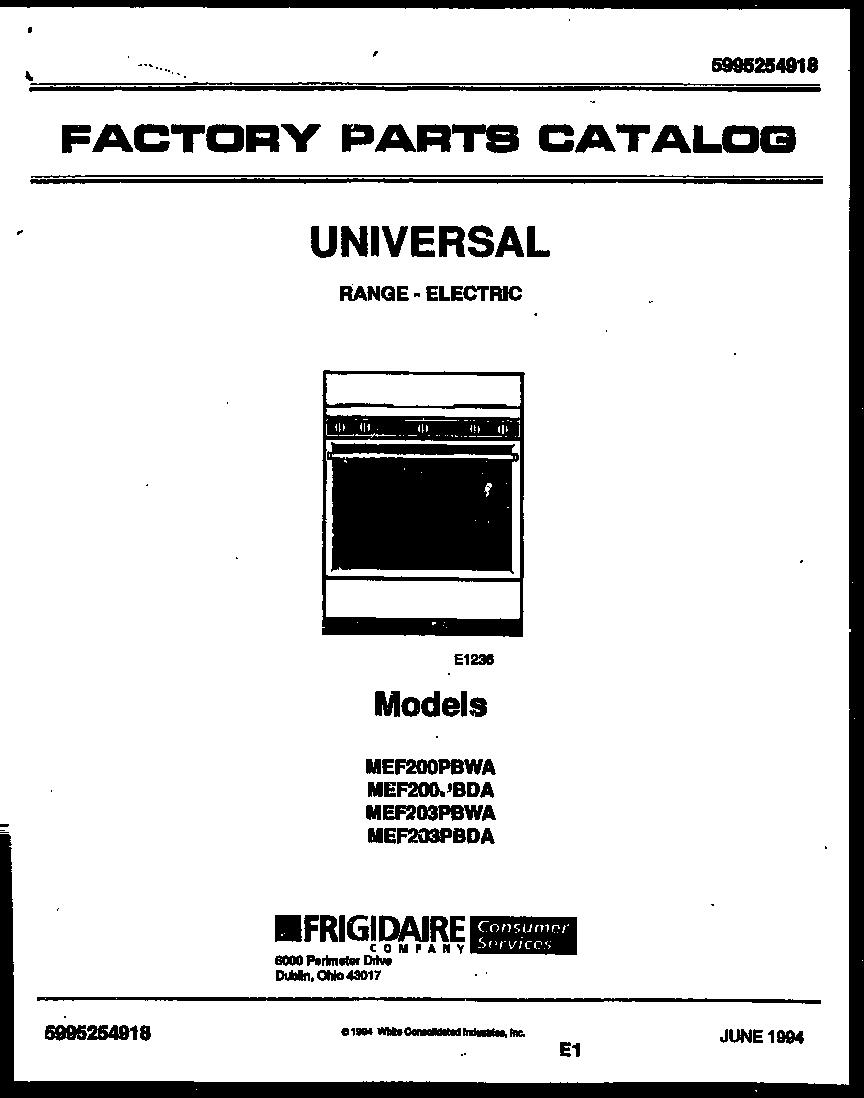 Universal/Multiflex (Frigidaire) MEF200PBDA cover diagram