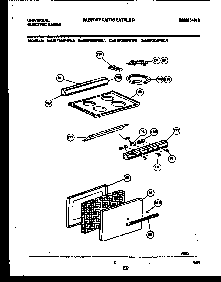 Universal/Multiflex (Frigidaire) MEF200PBDA backguard, cooktop and door parts diagram