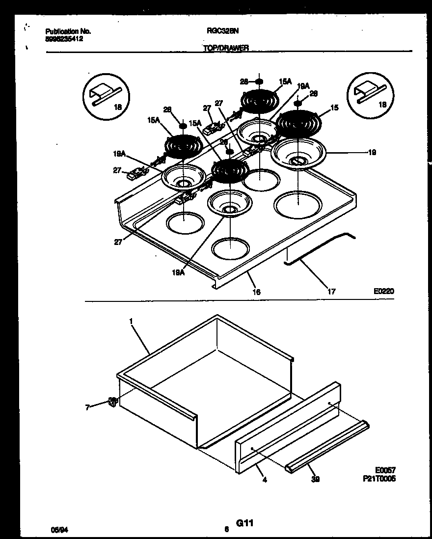 Frigidaire RGC32BNW2 cooktop and drawer parts diagram
