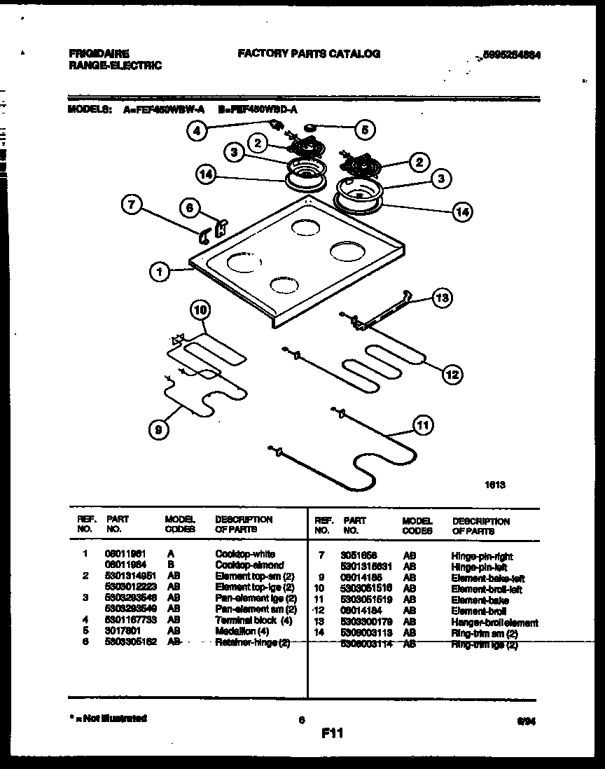 Frigidaire FEF450WBDA cooktop and broiler parts diagram