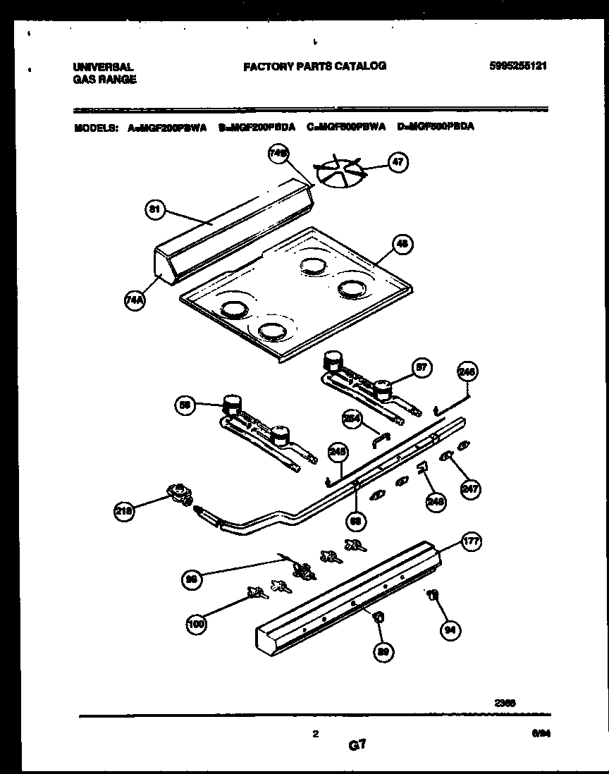 Universal/Multiflex (Frigidaire) MGF500PBDA backguard, cooktop and burner parts diagram